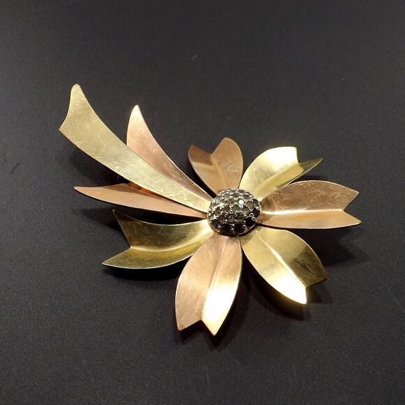1940s Flower Brooch, Rose & Yellow 12K Gold Filled, Vintage, 3 1/2 Inches - Picture 7 of 10